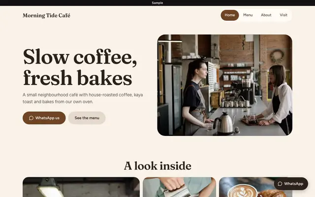Sample Warm website for a café, on a desktop