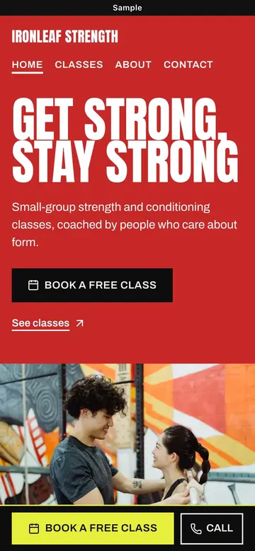 Sample Bold website for a gym or studio, on a phone