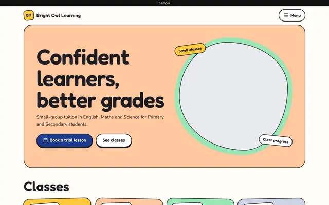 Sample Playful website for a tuition centre, on a desktop