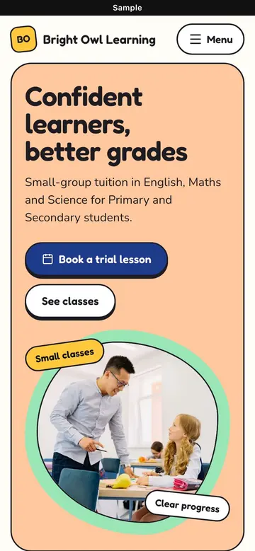 Sample Playful website for a tuition centre, on a phone